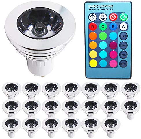 xin da xin Pack de 20 bombillas LED GU10 RGB, blanco cálido, cambio de color, intensidad regulable, 3 W, 180 lm, con mando a distancia por infrarrojos para lámpara de pared, lámpara de riel, lámpara