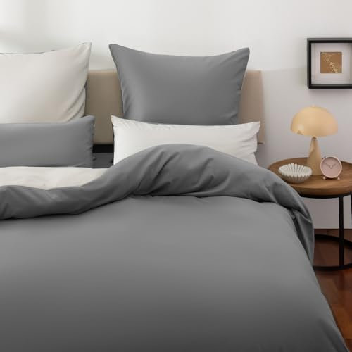 Blumtal Premium Extra Weiche Winter Bettwäsche Wendedesign 155x220 cm & 2x Kissenbezug 80x80 cm - Bettbezüge Mikrofaser, 3 teilig, Moonlight grey - Grau / Grau