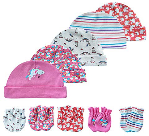 Chamie Baby-Mütze und Fäustlinge, Set für Neugeborene,Mützen und Fäustlinge, für Babys, Jungen und Mädchen, 0–6 Monate, 100% Baumwolle