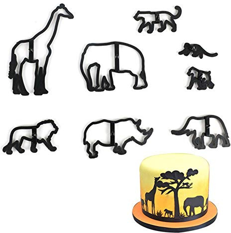 PiniceCore Mold 8pcs Animal Cortador de la Galleta de plástico Elefante Jirafa Leopardo de la Pasta de azúcar del Cortador de la Torta de la Silueta Safari Herramientas de azúcar Que adorna