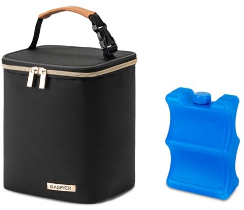 BABEYER Sac isotherme pour lait maternel avec poche de glace pour 4 biberons jusqu'à 120 ml à 270 ml, parfait pour la garderie, les voyages, les infirmières, les mamans, noir