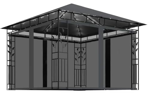 vidaXL Pavillon mit Moskitonetz LED Lichterketten Gartenzelt Partyzelt Festzelt Gartenpavillon Bierzelt Garten Zelt Outdoor 3x3x2,73m Anthrazit