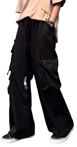 ORANDESIGNE Freizeithosen Damen Cargo Hose Elastic Waist Buckle Ribbon Pocket Jogger High Streetwear Harajuku Hose Punk Ringkette Damenhose T Schwarz XL