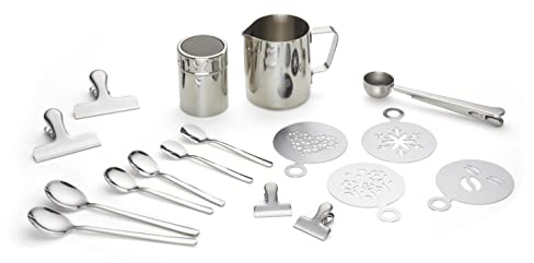 ECHTWERK Kaffeezubehör Set aus Edelstahl silber – Milchschaumkännchen 350 ml mit Präzisionsausguss, Latte Art Schablonen, Macchiato Löffel & Kaffeemesslöffel –Barista Set für Zuhause & als Geschenk