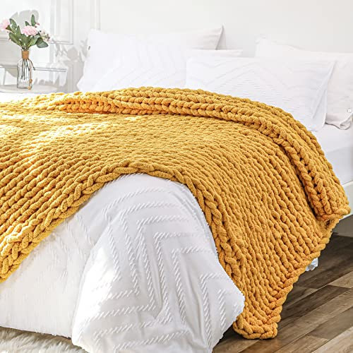 Grobstrickdecke, Überwurf, 40x40, weicher Chenille-Strickdecke, kleiner Überwurf, grobes Garn, dicker Zopfstrick-Überwurf, niedlicher Seilknoten, gehäkelter Überwurf, Bett, Sofa (senfgelb)