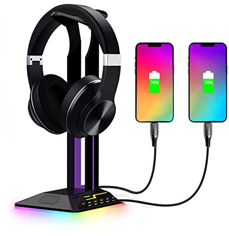 RGB-hörlursställ, 2 USB-portar Multifunktionshållare för Spelheadset för Spelheadset Displayställ, Hängare, Kompatibel med Hörlurar i Alla Storlekar