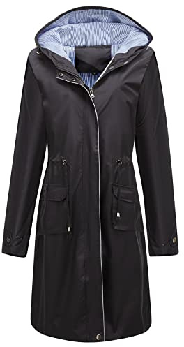 Homgro Women's Hooded Rain Jacket Long Waterproof Raincoat Ladies Fashion Casual Full Zip Anorak Spring Fall Jackets Knee Length Midi Windbreaker Pockets Black Small