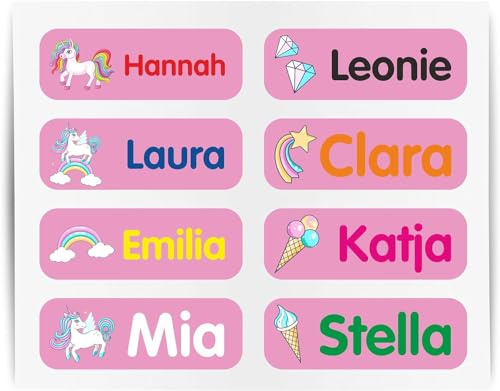 Indigos UG - Namensaufkleber Kinder Schule - ab 35 Sticker 35x10mm - Einhorn rosa - Aufkleber selbst gestalten für Wäscheetiketten & feste Dinge, Namensetiketten Kindergarten