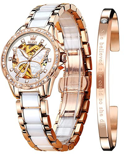OLEVS Automatische mechanische Damenuhren, selbstaufziehend, Rotgold, zweifarbiges Keramikarmband, Diamant, Liebe, Herz, Zifferblatt, modisch, elegantes Kleid, Damen-Armbanduhr, wasserdicht,