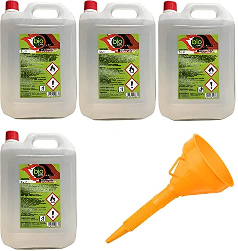 Bioéthanol 99,9% Bio Sprint 4 x 5 l - pour Cheminée de Table, Cheminée & déco de Jardin - sans Fumée ni suie 100% d'origine végétale,Ultra-inodore + Entonnoir Offert
