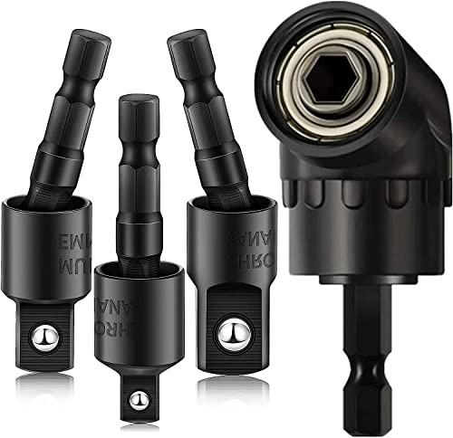 Extensión de broca de impacto de 4 piezas, adaptador de taladro de ángulo recto de 105°, giratorio de 360° de 1/4 pulgadas, 3/8 pulgadas, 1/2 pulgadas, juego de adaptador de enchufe de grado de