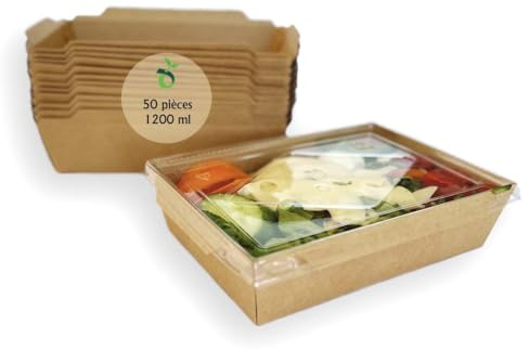 ECOPICNIC Lot de 50 Lunchbox en Kraft 1200 ML avec Couvercle | Boîtes Alimentaires jetables en Carton Kraft pour Repas à emporter, barquettes écologiques avec Couvercle pour salades, gâteaux