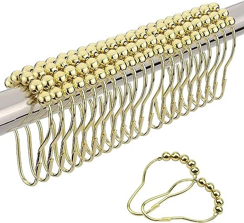 Anillos para cortina de ducha, 20 unidades, acero inoxidable, ganchos para cortina de ducha, brillantes, inoxidables, ganchos individuales, con sistema deslizante de bola, para baño (dorado)