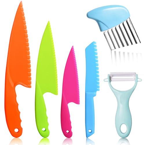 FEISIGE 6Pcs Kids Plastic Knives Set with Cutting Board & Paring Knife - Child Safety Kitchen Knives in 4 Sizes for Vegetables, Fruits, and Salad (BPA-Free, Non-Slip Handle)