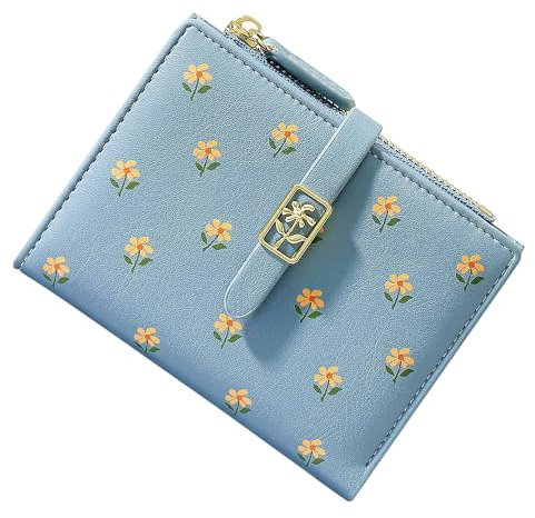 Portemonnaie Damen RFID Schutz, Klein PU Leder Geldbörse mit Blumen, Viele Fächer für Mädchen im Kurzformat (Blau)