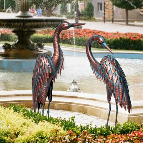 Kircust Metal Crane Statues - Set of 2 Bronze Heron Sculptures for Garden, Patio, or Yard Decor - 27.56 Tall Weatherproof Outdoor Art