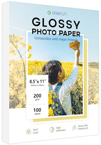 Glossy Photo Paper 8.5x11 Inch, Goefun 200GSM/54LB Inkjet Printer Paper for Dye Ink,100 Sheets