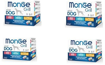 Monge Grill Dog Cane Cani Multipack Buste Pollo e Tacchino, Manzo, Merluzzo. 4 BOX DA 12 (100g) BUSTINE CADAUNO