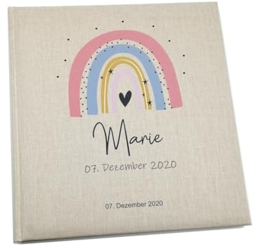 Tenii® Fotoalbum personalisiert Baby, Kind Regenbogen Pfirsich Leinen, Erinnerungsalbum (30x31cm - 60 Seiten)