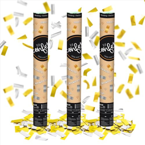 OH YEAH - 3 Unidades - Cañón Confeti Dorado y Plata 50 cm - Confeti Gala - Boda - Fiesta - Eventos - Gala - Cañón Fiesta 50 cm - FÁCIL USO