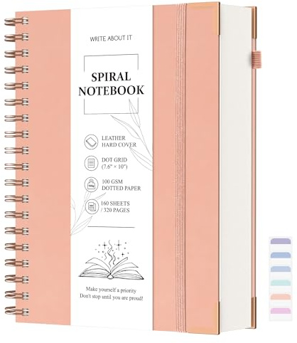 Spiralnotizbuch, mittelgroß, B5, gepunktet, mit 320 Seiten/160 Blatt, 19 x 25,8 cm, Notizbuch für Schule, Arbeit, Schreiben, 100 g/m² dickes Papier, modernes Leder, Rosa