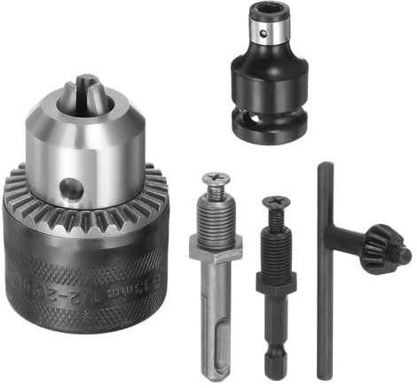 sourcing map 5pcs 1/2 20UNF Drill Chuck 1.5-13mm Set with 1/2 to 1/4 Socket Square Female Adapter Shank 13mm Hex Shank Quick Change Converter Chuck Key for Impact Driver Hammer Replacement