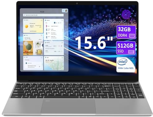 KurieTim 15.6 Laptop Computer, 32GB DDR4 RAM 512GB PCIe SSD, IntelN95 Processor(4C/4T, Up to 3.4GHz), Gaming Laptops with Backlight Keyboard, Fingerprint Reader, 8000mAh Battery, Win11 Pro,Silver