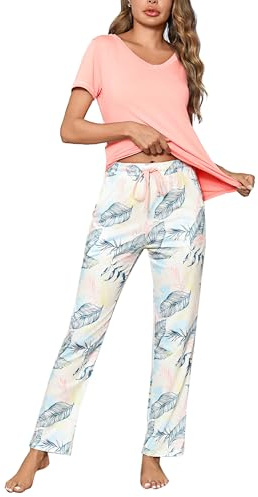 Litherday Schlafanzug Damen Baumwolle Pyjamas Set Kurzarm Nachtwäsche Set Zweiteiliger mit Lang Pyjamahose und Shirt Casual Elastischer Bund Sleepwear