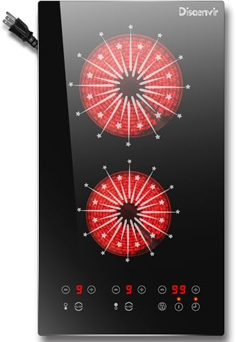 Disaenvir - Estufa eléctrica de 2 quemadores – Encimera eléctrica de 12 pulgadas integrada y encimera de 2000 W, 120 V, portátil de dos quemadores, control táctil, temporizador, bloqueo de seguridad