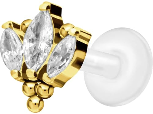 PIERCINGLINE PTFE Labret mit Gewinde + Titan-Aufsatz LOTUSBLÜTE + KUGELN Piercing Ohr Nase Goldfarben 1,2 x 6 mm