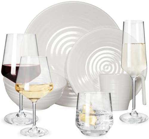 Melamin campingservis för 4 personer. Crema Design, 16 delar + 16 Milano-glas, vattenglas, vinglas, champagneglas, flûtes, servis för picknick och BBQ, köksredskap