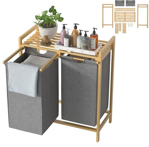 UISEBRT Cesto para la colada de bambú con 2 compartimentos, 72 L, de tela Oxford, sistema de clasificación de ropa extraíble y lavable, 73 x 64 x 33,5 cm, color gris