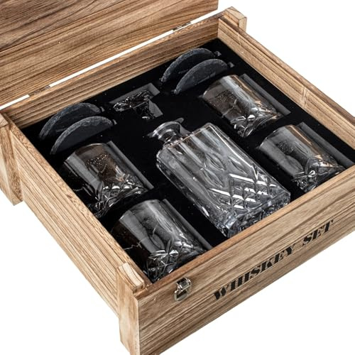 DRW Set de Botella y 4 Vasos de Whisky en Caja de Madera y Cristal en Natural y Transparente 33x14x37.5 cm