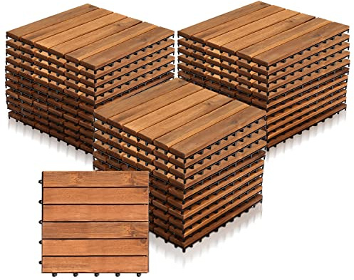 Eulenke 3m² Holzfliesen Balkonfliesen Terrassenfliesen 30 x 30 cm, Balkonboden Wetterfest, 6 Latten Fliesen aus Akazien Holz, für Terrassen Balkon Garten(33 Stück)