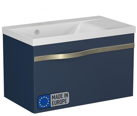 BadeDu Fils Waschbecken mit Unterschrank – 70 cm breit, Waschbecken aus Gussmarmor in Weiß mit Waschbeckenunterschrank in Navy Blue, 1 Schublade mit Soft-Close-System