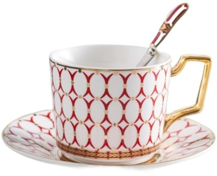 BTWYU Set di tazze da caffè Set di tazze da caffè e piattino con cucchiaio, tazza da caffè in porcellana ossea, tazza da tè pomeridiano inglese, tazza da caffè in ceramica di fascia alta, 200 ml(C)