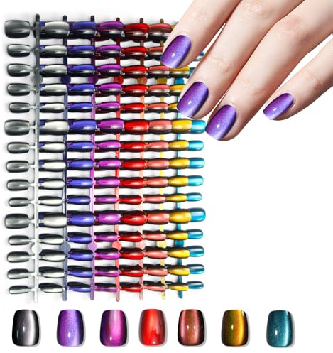Laza 210pcs Cat Eye Press on Nails for Women 7 Colors Short Square Reusable Nail Tips in 15 Sizes Long Lasting Salon Fake Nails Stick on Artificial Acrylic False Nail Tips — Chameleon Series