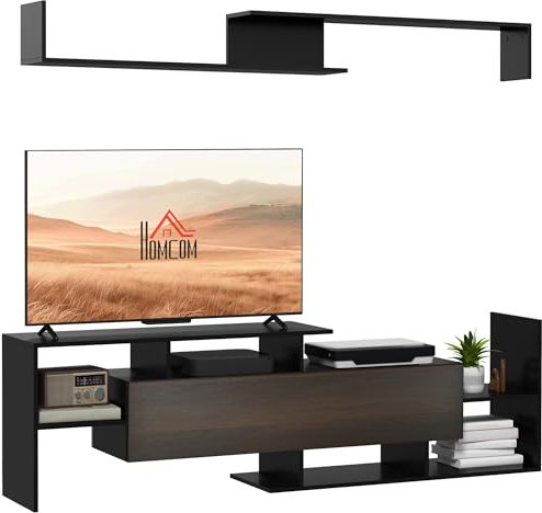 HOMCOM Muebles de Salón Conjunto Muebles de TV para Televisiones de Pared hasta 65 o de Pie hasta 40con Mesa para Televisor 153,6x25x42 cm y Estante de Pared 150x14,5x16,3 cm Negro y Marrón