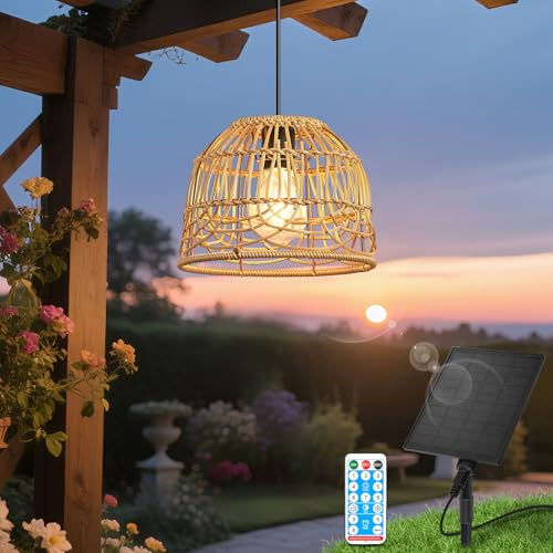 KSIBNW Solarlampen für Außen Garten, Outdoor Rattan Solar Hängelampe mit Fernbedienung Wasserdichte IP65 Pendelleuchte Solarbetriebene Lampe mit Solarpanel und 5M Kabel für Balkon Terrassen Patio
