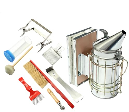 Set di strumenti per apicoltura 8 pezzi in acciaio inossidabile con smoker - Accessori professionali per apicoltori per la coltivazione delle api, incluso scopa per api, sollevatore per telai e gabbia