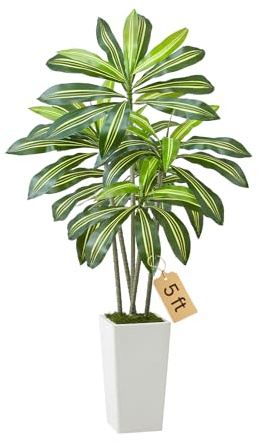 VEVOR Konstgjort Dracaena-träd 1524 mm, falska palmer tropiska växter med vit hög planta, fuskgolv sidenväxt i kruka, stora träd för hemmakontor vardagsrum dekor husuppvärmning, inomhus utomhus