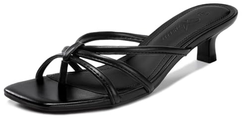 Athlefit Black Kitten Heels for Women Square Toe Summer Low Heels Slip On Flip Flop Strappy Heeled Thong Sandals Size 8