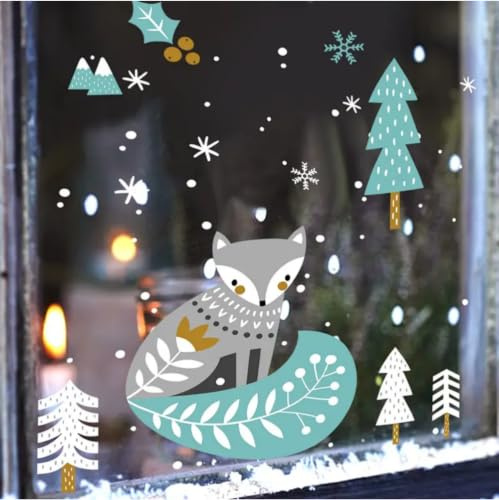 WandSticker4U®- Fensterbilder Weihnachten Kinder FUCHS IM WINTERWALD selbstklebend I Weihnachtsdeko Fenster Aufkleber Fenstersticker Winter Schneeflocken weiß