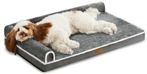 Jolibean Cama Perro Grande Ortopédica, Colchoneta Perro de L con Espuma De Caja De Huevos, Sofá Perro con Impermeable Lavable Desenfundable, 122x76cm, Gris