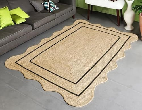Tappeto intrecciato a mano di alta qualità, ecologico, durevole ed elegante, con bordo smerlato, 1,2 x 1,5 m, decorazione bohémien per soggiorno, camera da letto o ingresso
