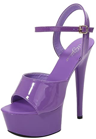 Högklackade damer, sexiga platåskor, sommar, eleganta sandaler, öppen tå, sandaletter, sandaler med ankelrem, silver, stilettos läder, höga skor för vardagen, dejting, fest, lila, 41 EU