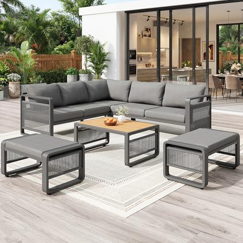 Huayz Gartenmöbel-Set,Ecksofa-Set aus Metal & Seile,5-teiliges,1 Dreisitzer-Sofa,1 Doppelsofa,2 Hocker,1 Tisch,Einschließlich Aller Kissen und Sitzauflagen,für Garten Balkon Terrasse (Grau)