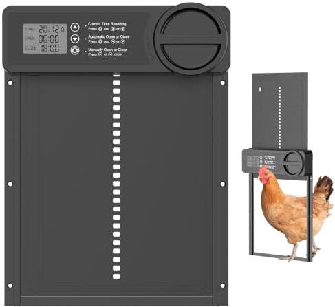 Aluminum Automatische Hühnerklappe Batterie, Elektrische Hühnerklappe Automatisch Hühnertür, Wasserdicht Großes Display, Timer, Manuelle, Intelligenter Einklemmschutz
