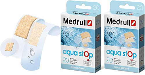 Medrull Wasserfeste Pflaster Set Doppelpack AQUA STOP Transparent Wundpflaster 2 x 20 Stück kleine und große Größen Dóppelpack