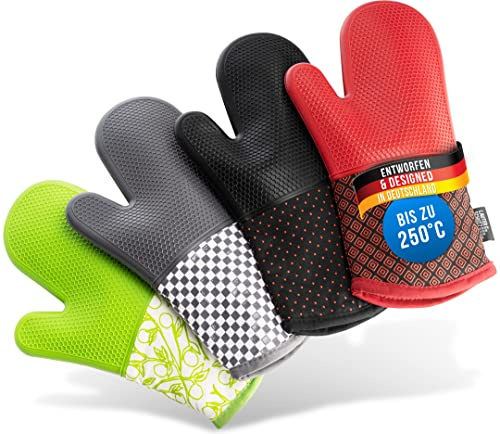 LauterSchutz® Ofenhandschuhe als Paar - Topfhandschuhe mit Voll-Silikon: Hitzebeständig & extra lang - waschbare & weiche Baumwolle [Kontaktwärme: 250°C] Kochen & Backen (Schwarz, Vollsilikon)